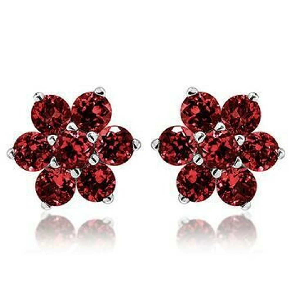 Floral Cluster Garnet Stud Earrings 14KT Gold