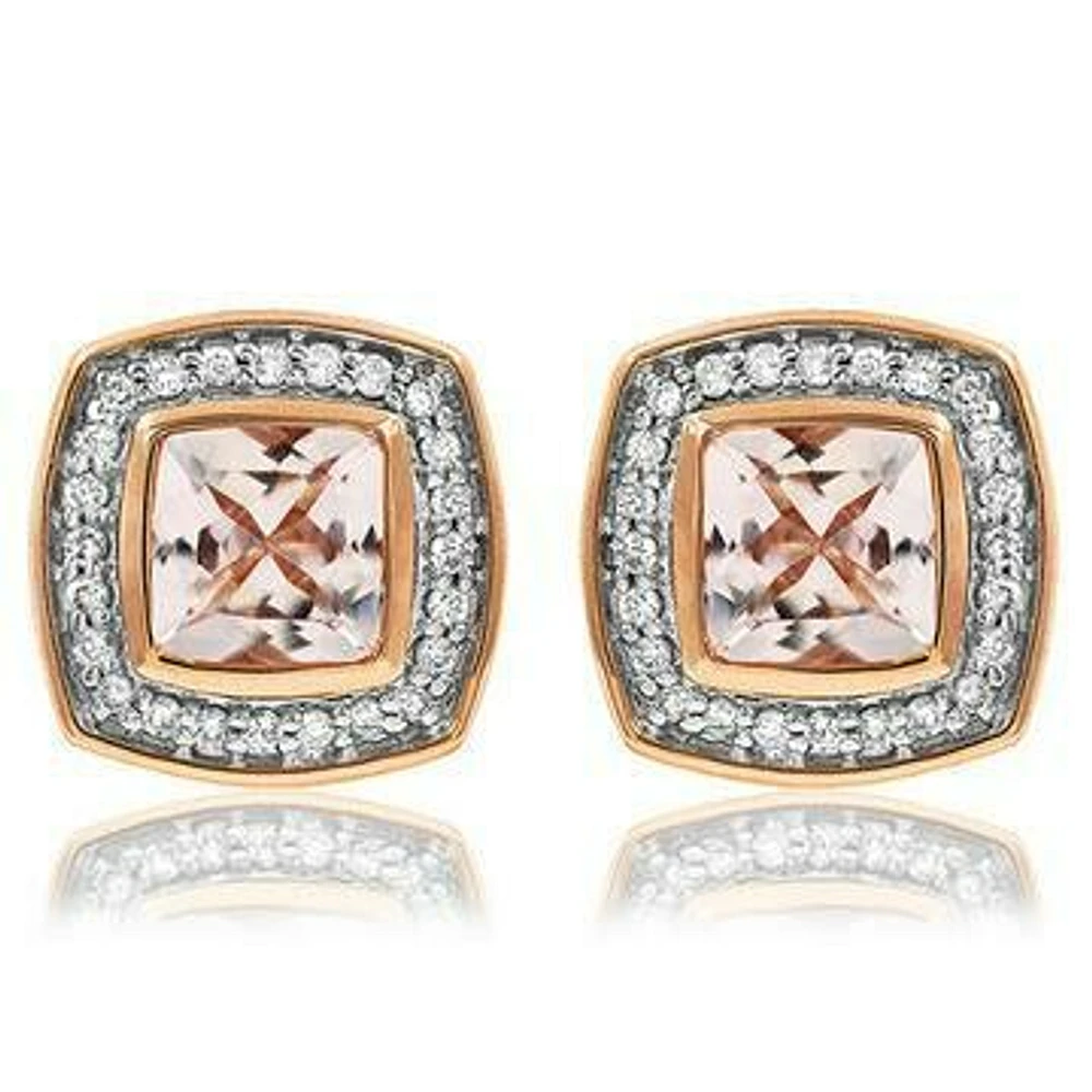 Cushion Morganite Stud Earrings with Diamond Frame 14KT Rose Gold