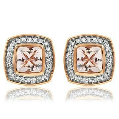 Cushion Morganite Stud Earrings with Diamond Frame 14KT Rose Gold