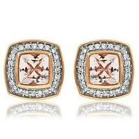 Cushion Morganite Stud Earrings with Diamond Frame 14KT Rose Gold