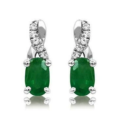 Oval Emerald Infinity Stud Earrings with Diamond Accent 14KT Gold
