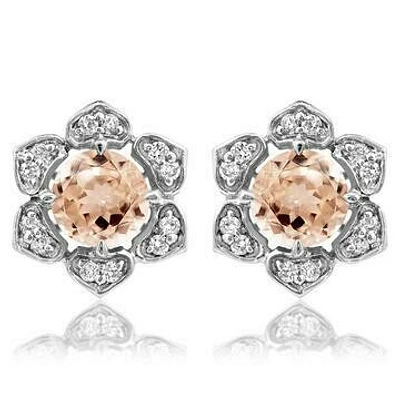 Floral Morganite Stud Earrings with Diamond Frame 14KT Gold