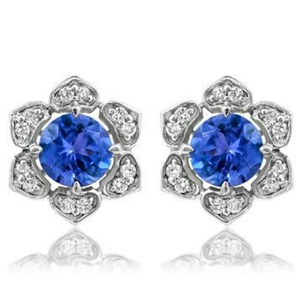 Floral Tanzanite Stud Earrings with Diamond Frame 14KT Gold