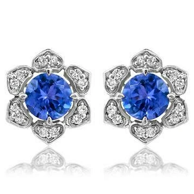 Floral Tanzanite Stud Earrings with Diamond Frame 14KT Gold