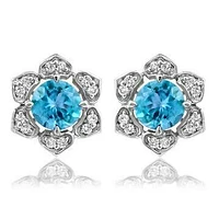 Floral Blue Topaz Stud Earrings with Diamond Frame 14KT Gold