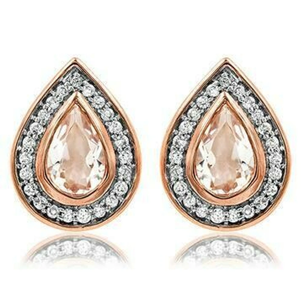 Morganite Teardrop Stud Earrings with Diamond Frame 14KT Rose Gold