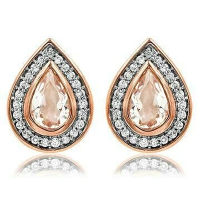 Morganite Teardrop Stud Earrings with Diamond Frame 14KT Rose Gold