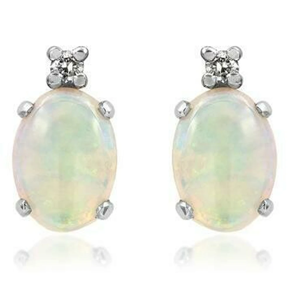 Oval Opal Stud Earrings with Diamond Accent 14KT Gold