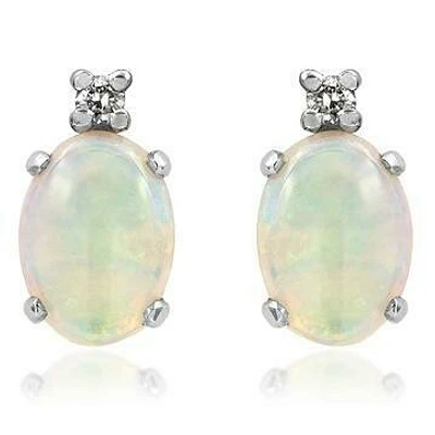 Oval Opal Stud Earrings with Diamond Accent 14KT Gold