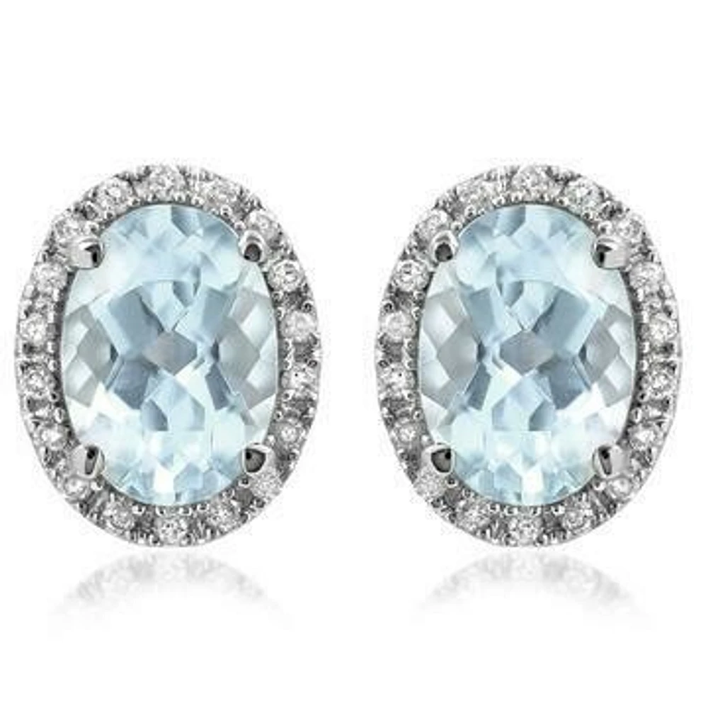 Oval Aquamarine Stud Earrings with Diamond Frame 14KT Gold