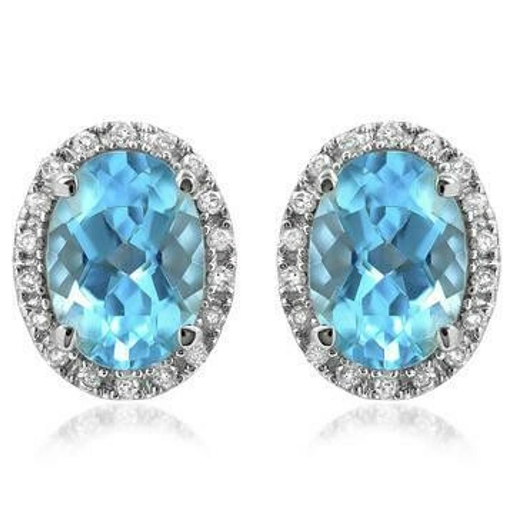 Oval Topaz Stud Earrings with Diamond Frame 14KT Gold