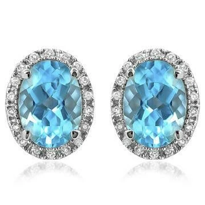 Oval Topaz Stud Earrings with Diamond Frame 14KT Gold