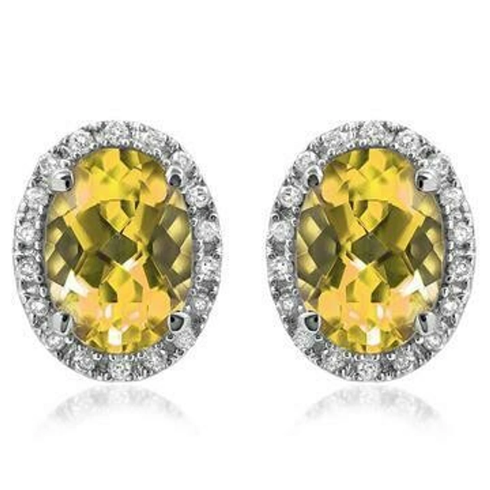 Oval Citrine Stud Earrings with Diamond Frame 14KT Gold