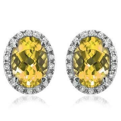 Oval Citrine Stud Earrings with Diamond Frame 14KT Gold