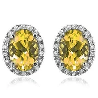 Oval Citrine Stud Earrings with Diamond Frame 14KT Gold