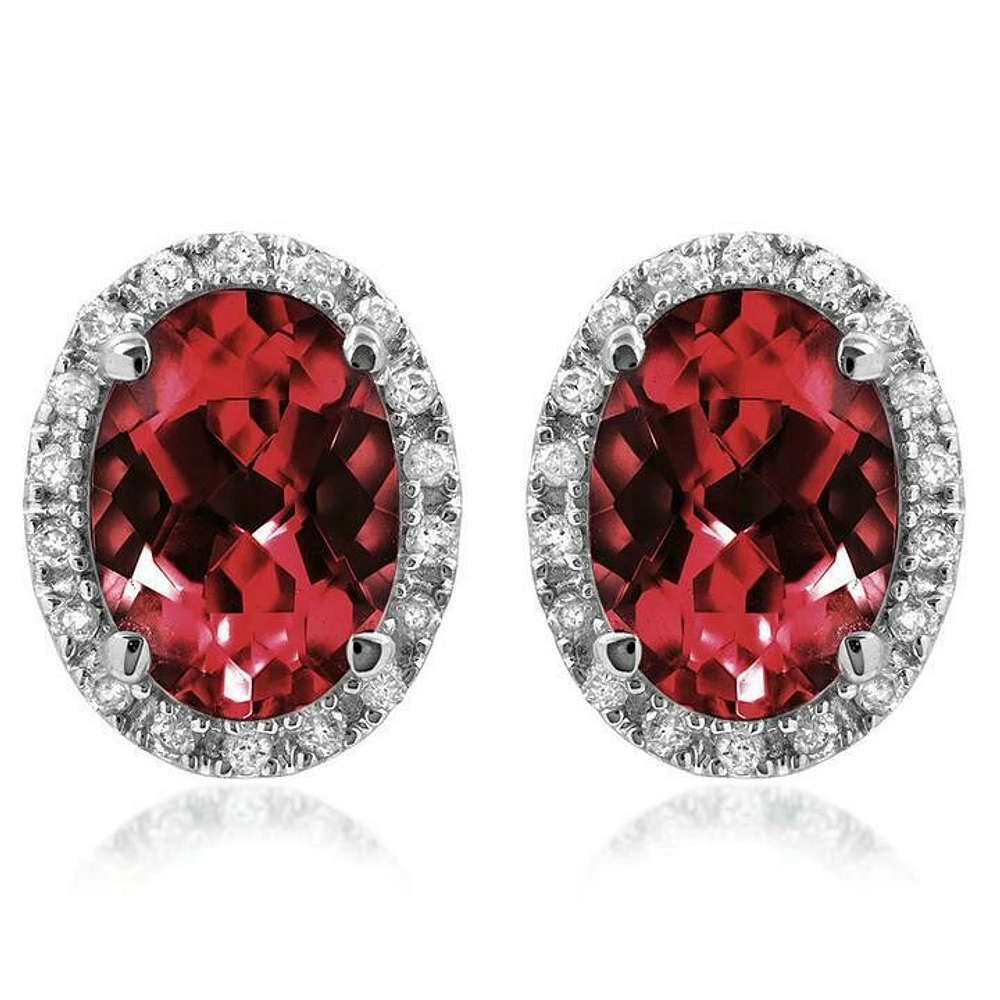 Oval Garnet Stud Earrings with Diamond Frame 14KT Gold