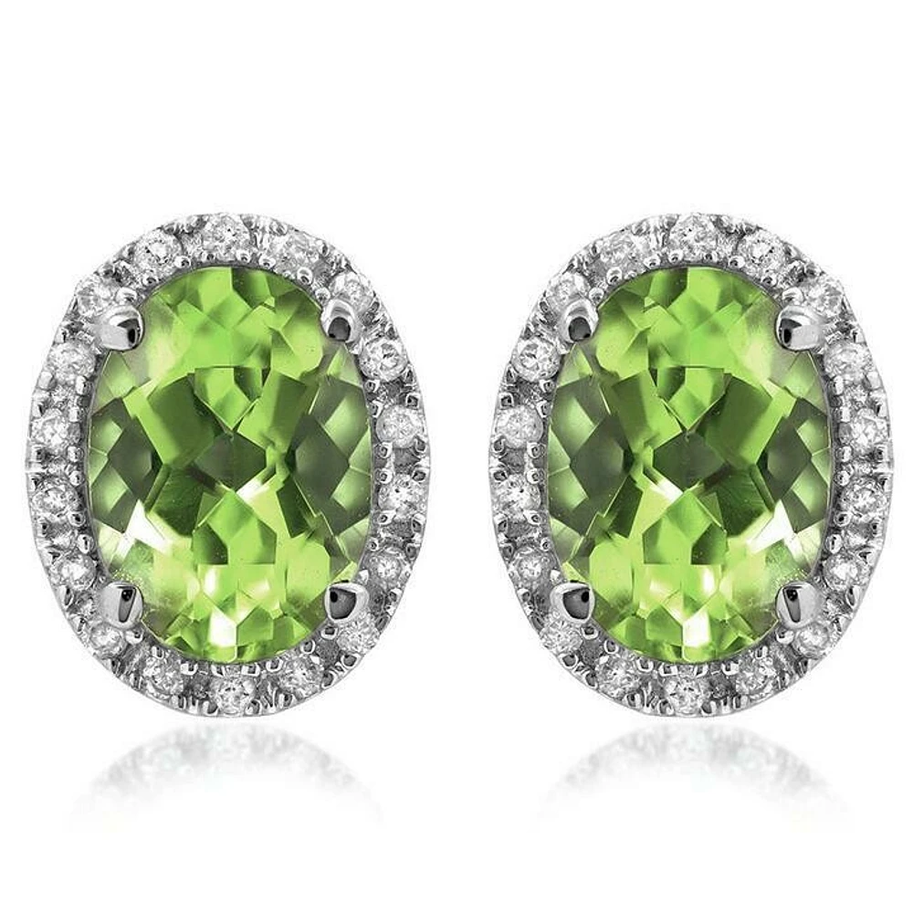 Oval Peridot Stud Earrings with Diamond Frame 14KT Gold