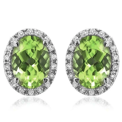 Oval Peridot Stud Earrings with Diamond Frame 14KT Gold