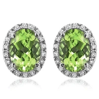 Oval Peridot Stud Earrings with Diamond Frame 14KT Gold