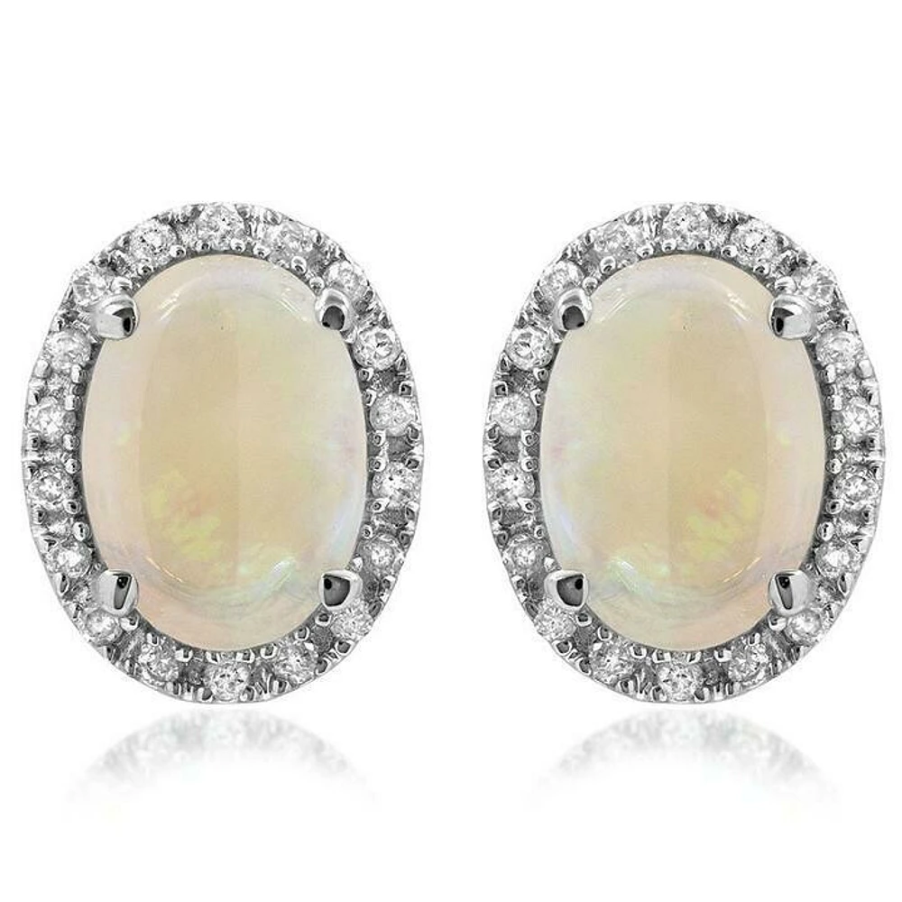 Oval Opal Stud Earrings with Diamond Frame 14KT Gold