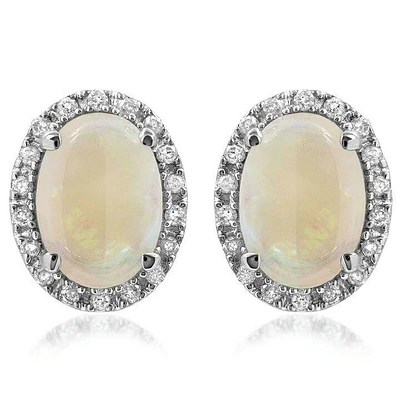 Oval Opal Stud Earrings with Diamond Frame 14KT Gold