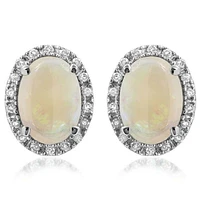 Oval Opal Stud Earrings with Diamond Frame 14KT Gold