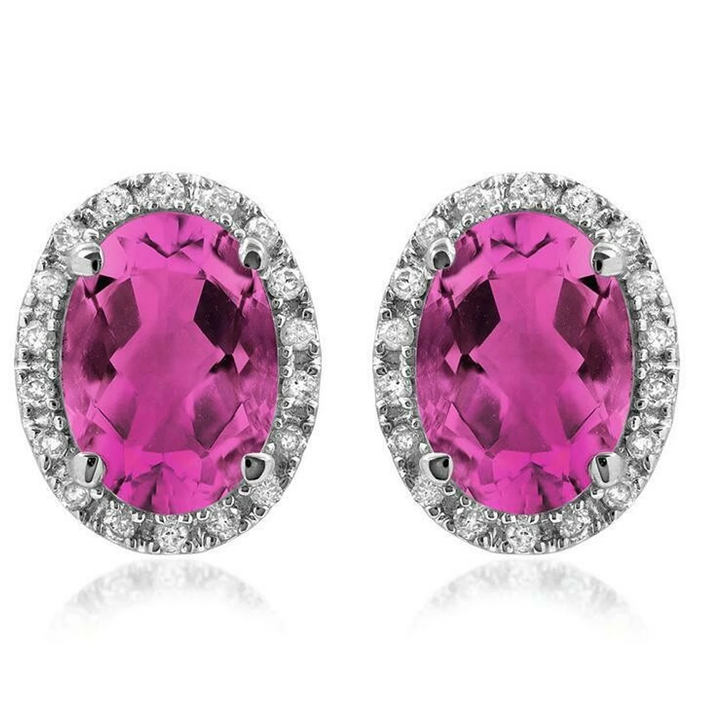 Oval Pink Topaz Stud Earrings with Diamond Frame 14KT Gold