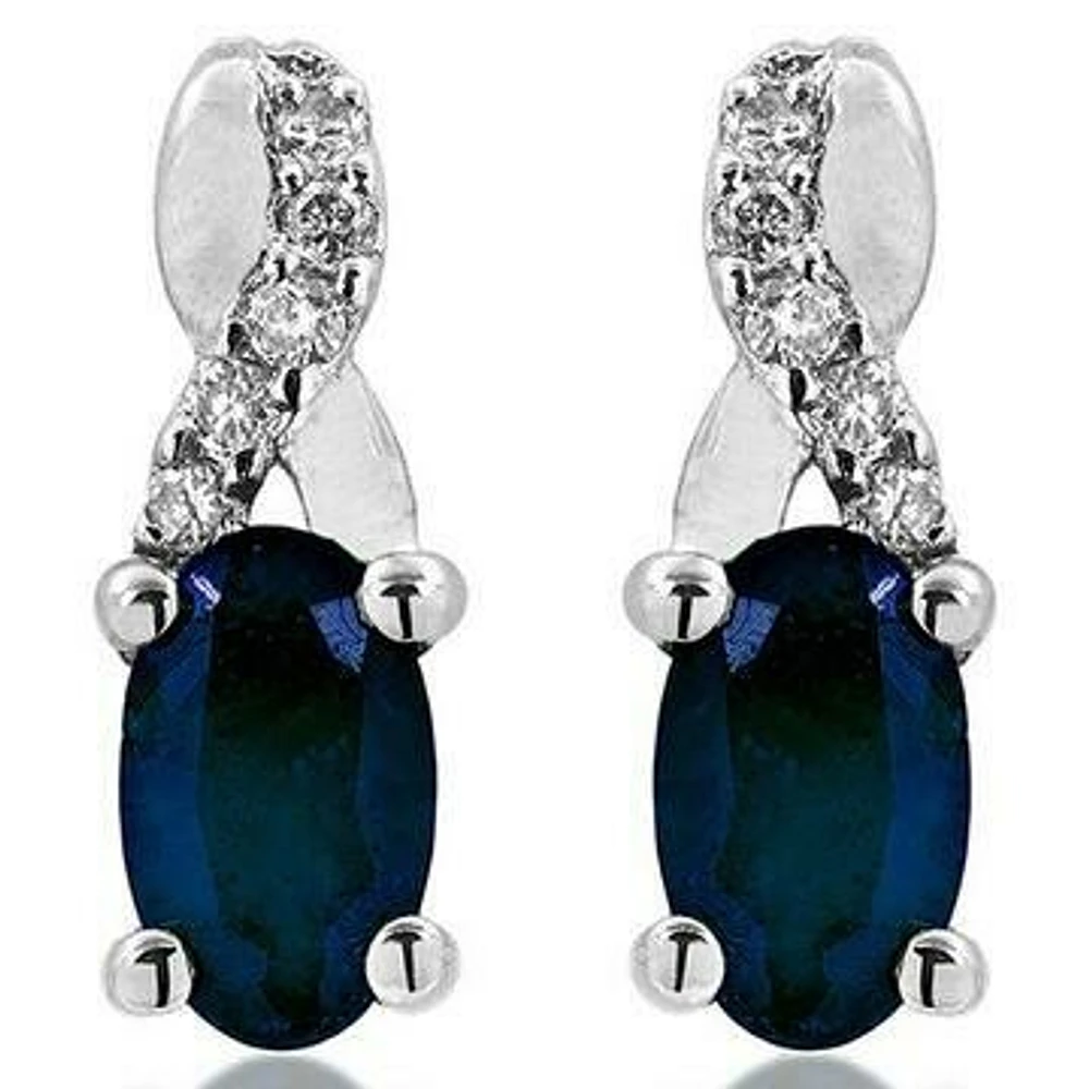 Oval Infinity Blue Sapphire Stud Earrings with Diamond Accent 14KT Gold