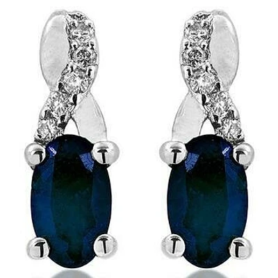 Oval Infinity Blue Sapphire Stud Earrings with Diamond Accent 14KT Gold