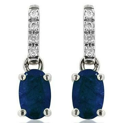 Oval Blue Sapphire Earrings with Diamond Accent 14KT Gold