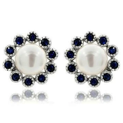 Floral Pearl Stud Earrings Framed with Blue Sapphire 14KT White Gold