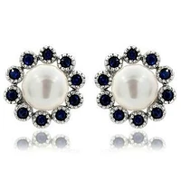 Floral Pearl Stud Earrings Framed with Blue Sapphire 14KT White Gold