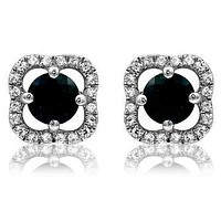 Clover Blue Sapphire Stud Earrings with Diamond Frame 14KT Gold