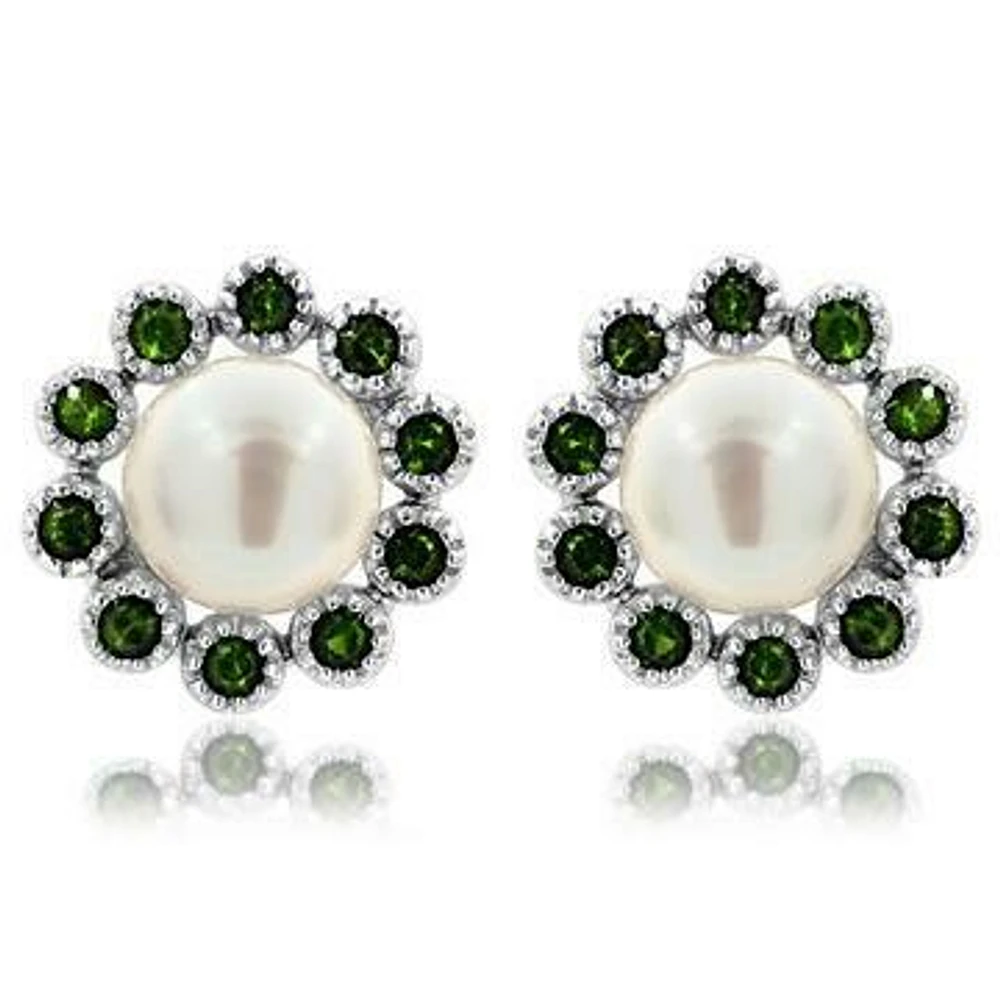 Floral Pearl Stud Earrings Framed with Emerald 14KT White Gold