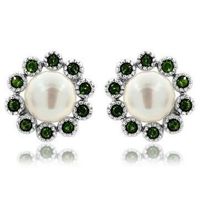 Floral Pearl Stud Earrings Framed with Emerald 14KT White Gold