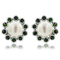 Floral Pearl Stud Earrings Framed with Emerald 14KT White Gold