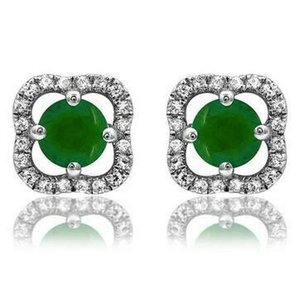 Clover Emerald Stud Earrings with Diamond Frame 14KT Gold