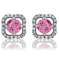 Clover Pink Topaz Stud Earrings with Diamond Frame 14KT Gold