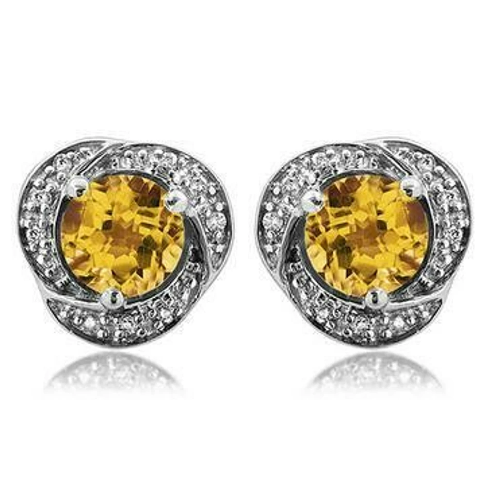 Citrine Whirl Stud Earrings with Diamond Frame 14KT Gold