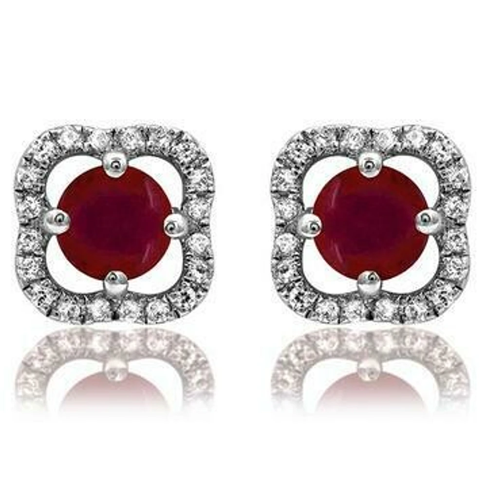 Clover Ruby Stud Earrings with Diamond Frame 14KT Gold