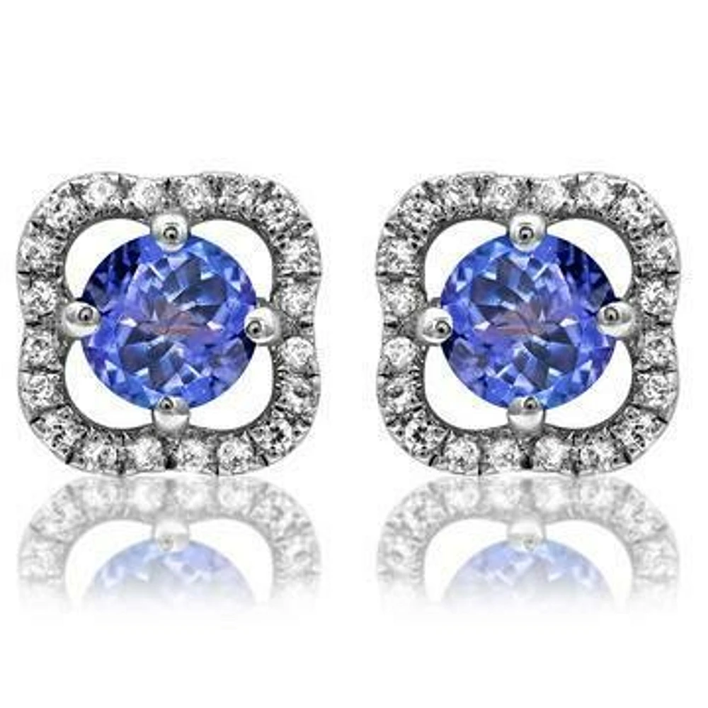 Clover Tanzanite Stud Earrings with Diamond Frame 14kt Gold