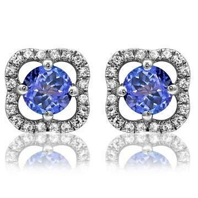 Clover Tanzanite Stud Earrings with Diamond Frame 14kt Gold