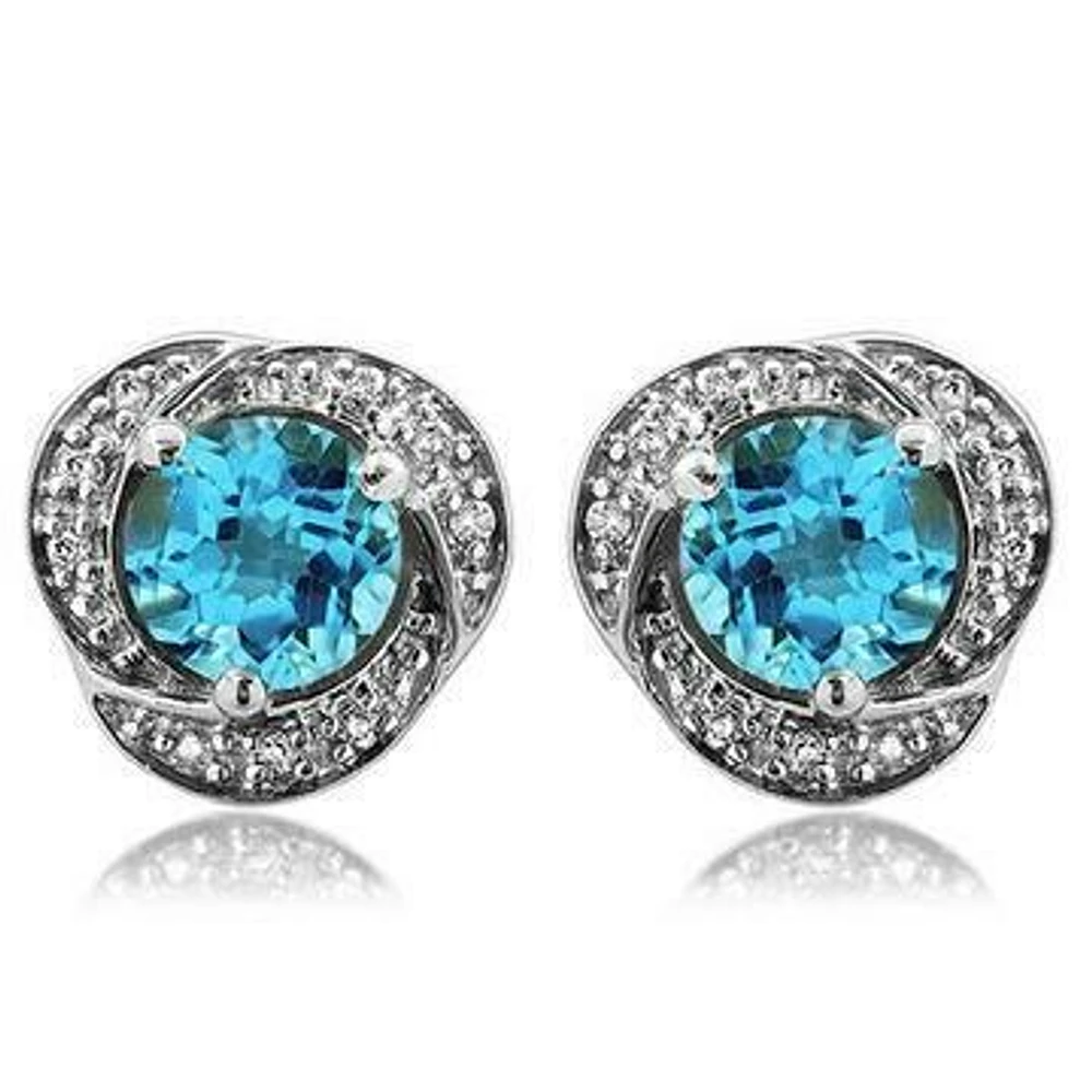 Topaz Whirl Stud Earrings with Diamond Frame 14KT Gold