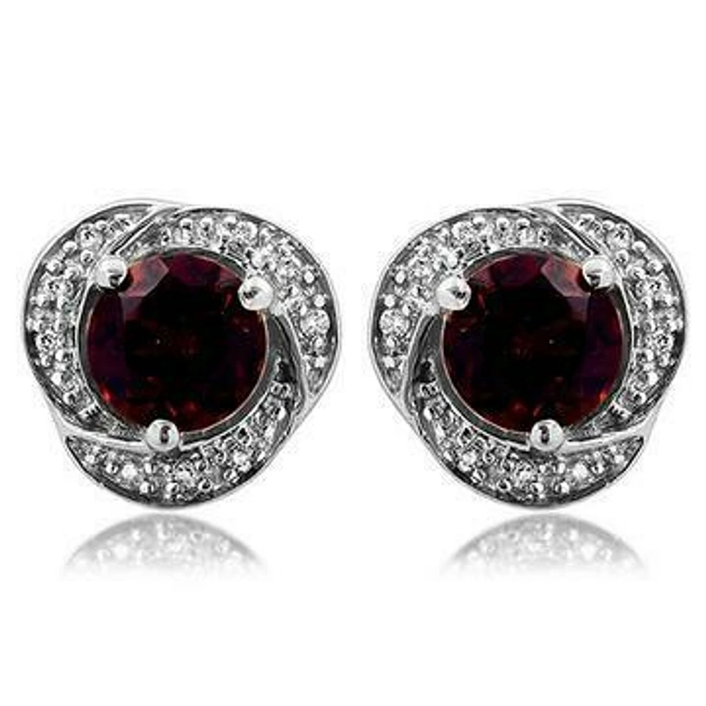 Garnet Whirl Stud Earrings with Diamond Frame 14KT Gold