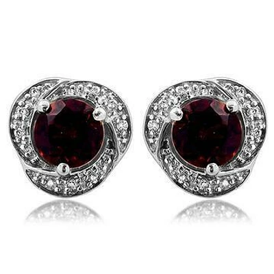 Garnet Whirl Stud Earrings with Diamond Frame 14KT Gold