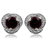 Garnet Whirl Stud Earrings with Diamond Frame 14KT Gold