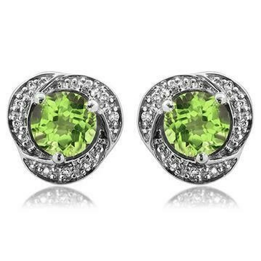 Peridot Whirl Stud Earrings with Diamond Frame 14KT Gold