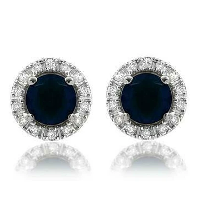 Blue Sapphire Stud Earrings with Diamond Halo 14KT Gold