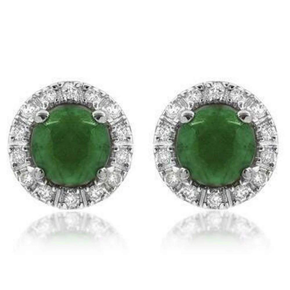 Emerald Stud Earrings with Diamond Halo 14KT Gold