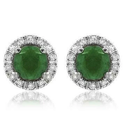 Emerald Stud Earrings with Diamond Halo 14KT Gold